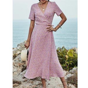 V Neck Dusty Pink Floral Wrap Dress